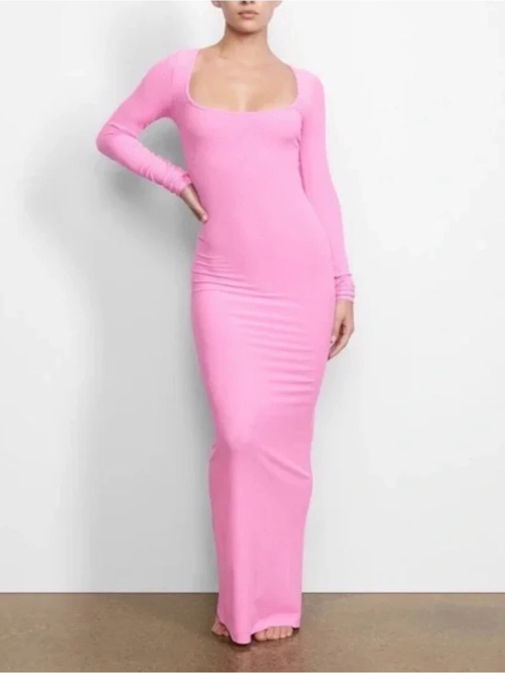 SKIMS Bubblegum Pink Soft Maxi Lounge Dress Long Sleeve size Large - Rare